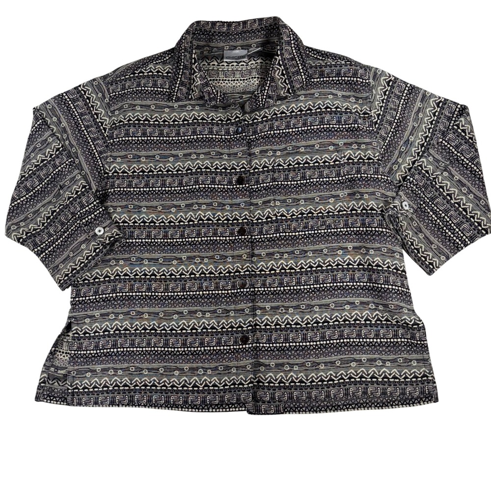 Chico's Black Gray Geometric Print Shacket Button Down 3/4 Sleeve Top Size 1 (M)